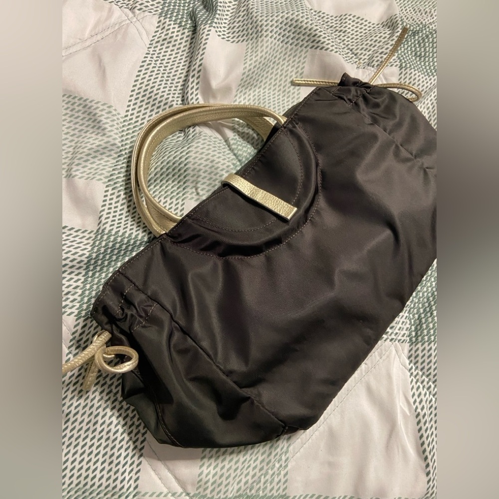 BRONTI BAY PARIS NS-FLO A4 Brown-Gold Leather Trim Nylon Tote Bag MEDIUM